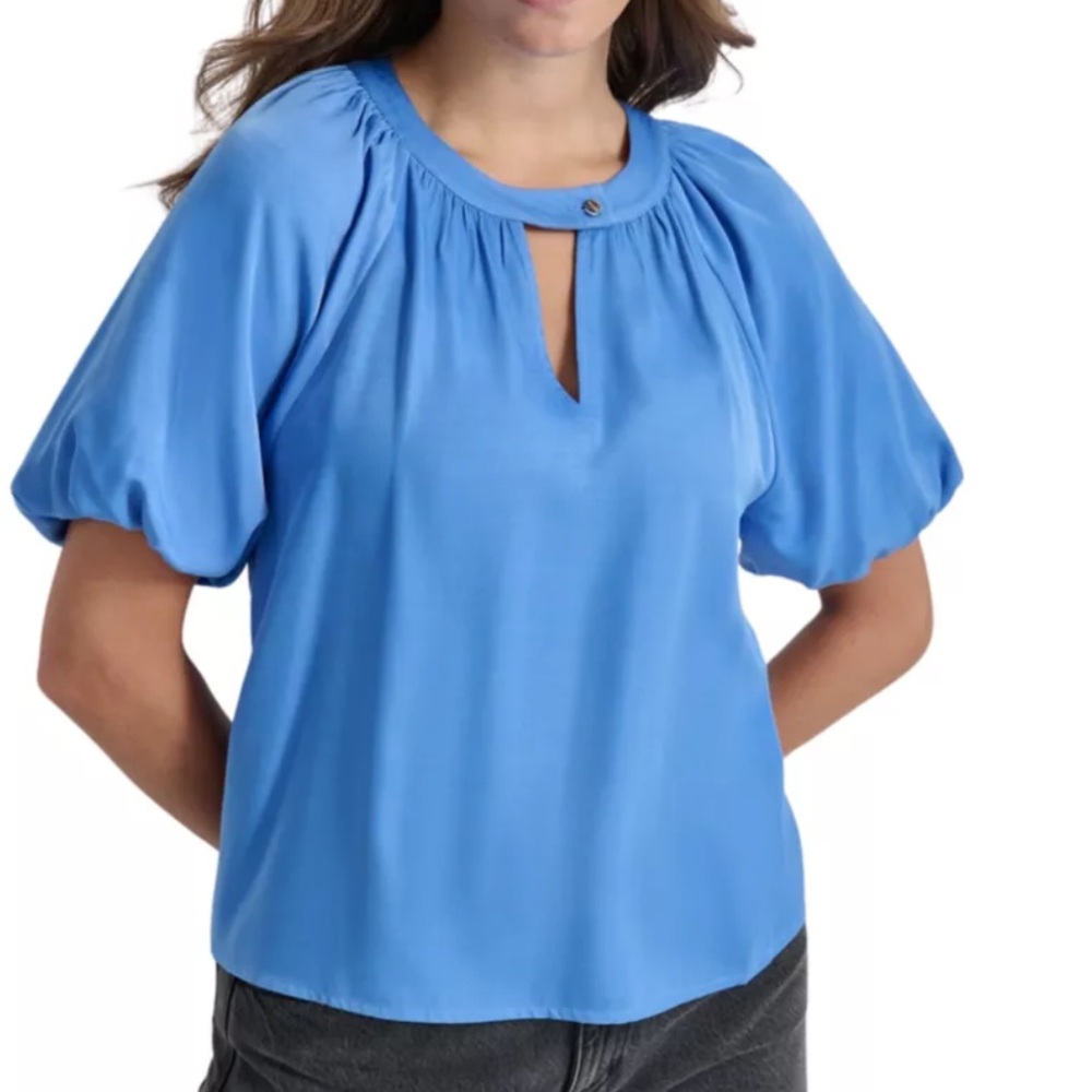 DKNY Women's Short-Bubble-Sleeve Satin Slub Blouse Blue Size S